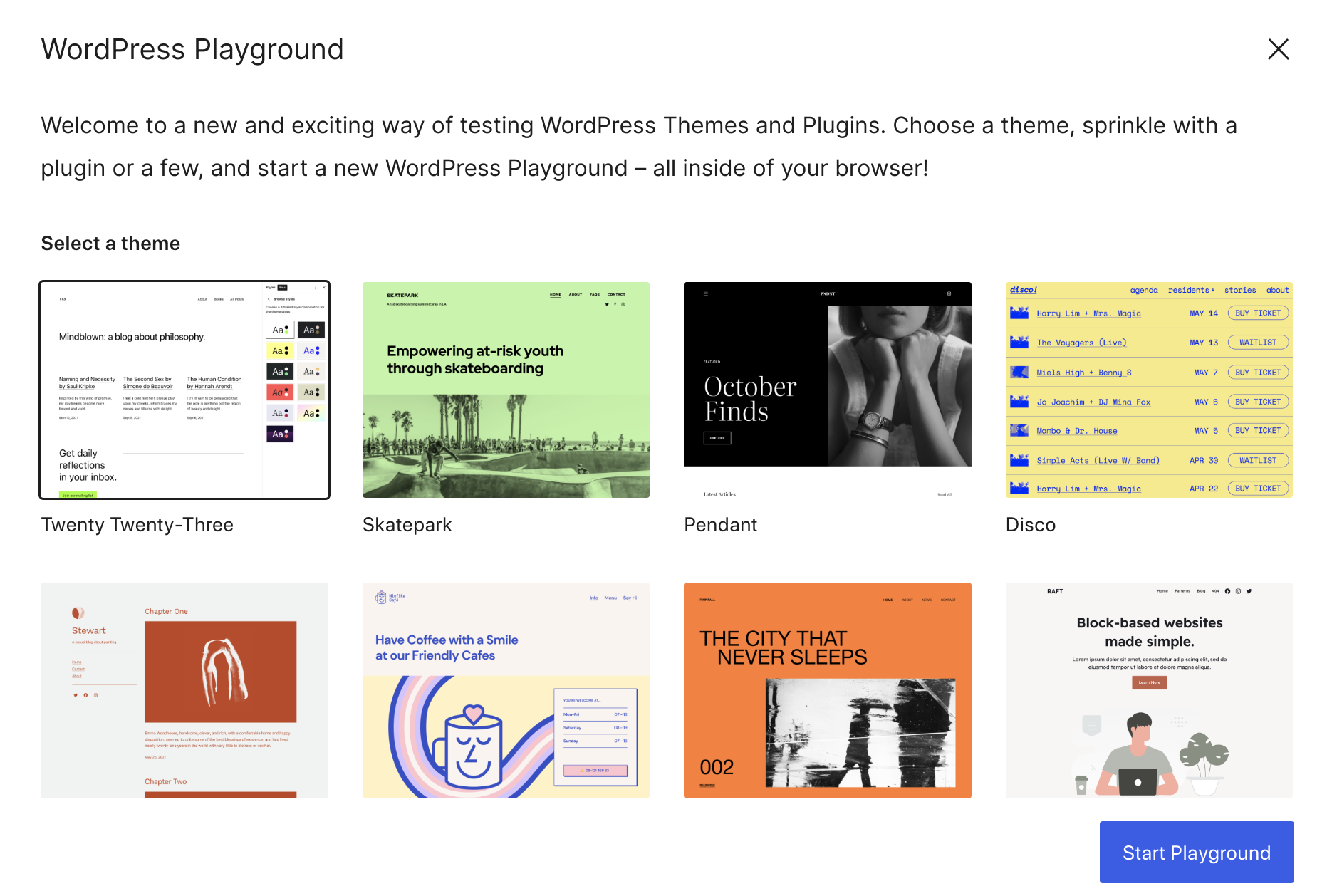 WordPress Playground 的首页